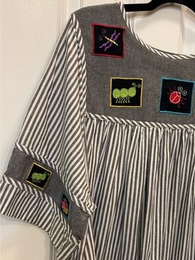 Béchamel Embroidered Patchwork Stripe Midi Dress L Cotton Artsy Boho Teacher